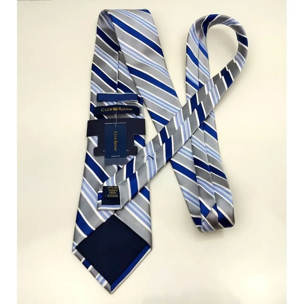 CLUB‎ ROOM 100% Silk Tie Estate Neckwear Seven Stripe Blue White Silver NWT